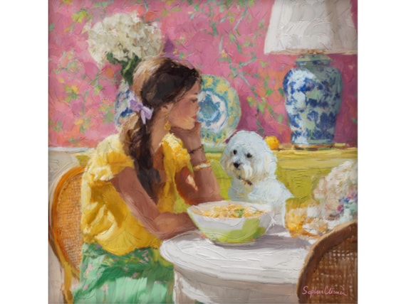 Grandmillennial art, Sharing a Bowl of Spaghetti, whimsical fine art