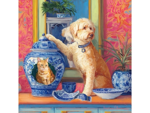 Chinoiserie Cat and Dog Giclee Art Print, Grandmillennial Decor