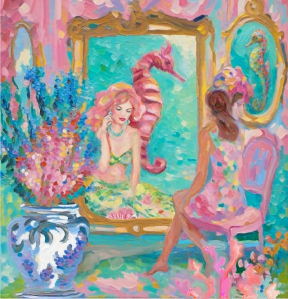 Whimsical Grandmillennial Mermaid Art: Fine Oil Painting for Beach House Decor by Sophie Clima