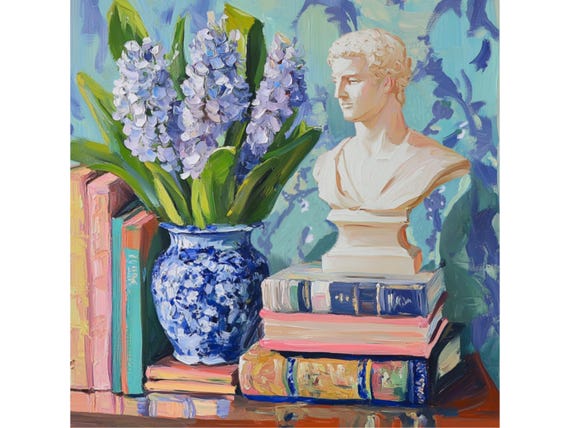 Grandmillennial art, Still Life with Hyacinths in Ginger Jar, fine art print