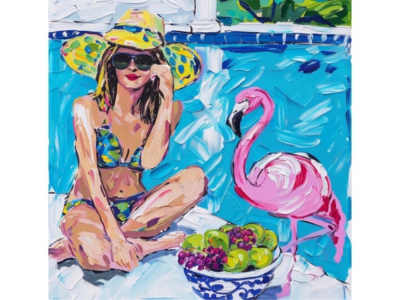 Summer and Pink Flamingo, preppy art, oil painting