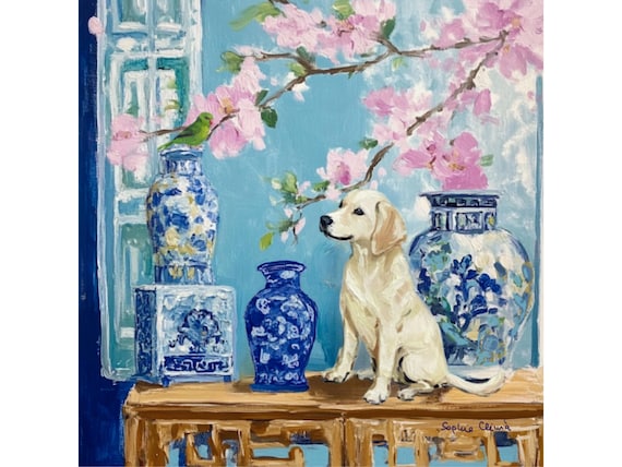 Grandmillennial art, Gossipers in Blue Chinoiserie room, whimsical animals art