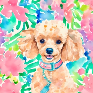 Grandmillennial art, Cute Poodle watercolor portrait, fine art giclee print