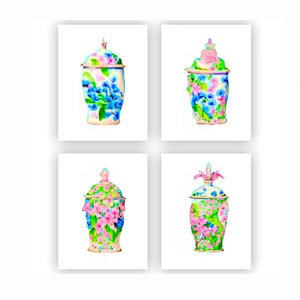 Grandmillennial art, GINGER JARS set of four, Ginger Jar watercolor painting prints by artist Sophie Clima, Ginger Jars Art Prints Set of 4