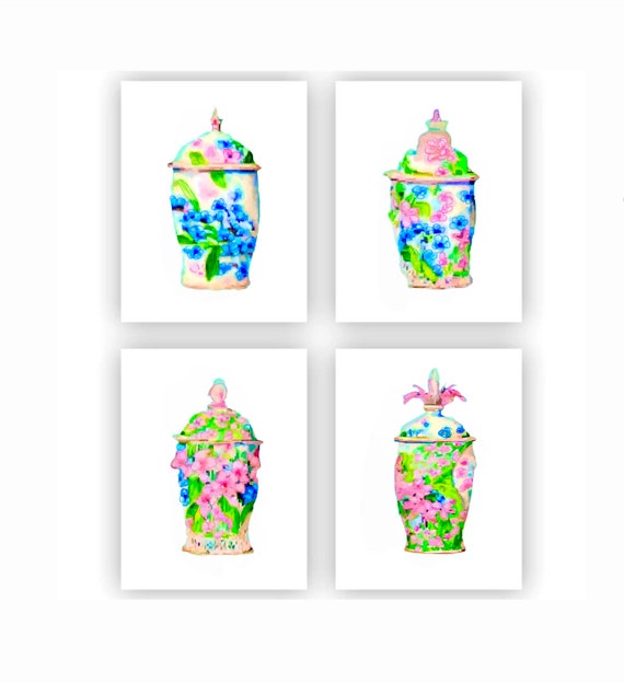 Ginger Jar Watercolor Art Prints: Grandmillennial Decor, Set of 4