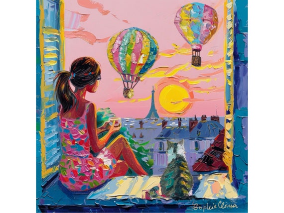 Paris Sunset Art Print: Whimsical Hot Air Balloons, Cityscape with Cat