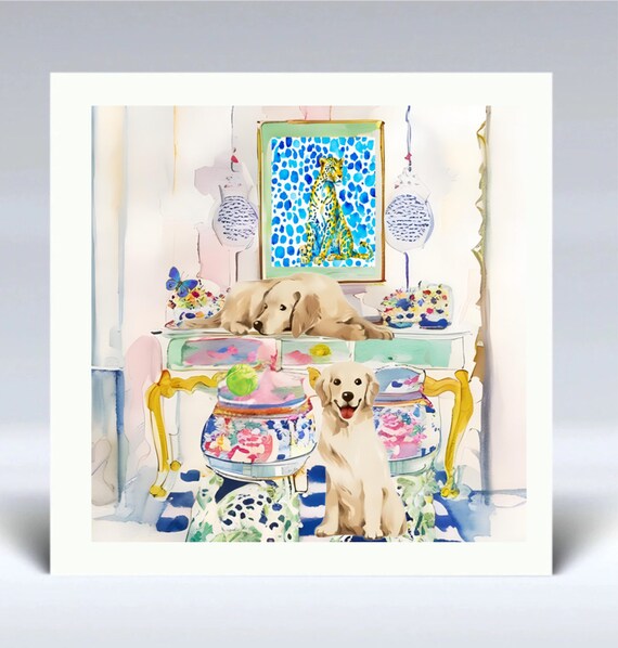 Grandmillennial art, Bored Labradors in preppy interior