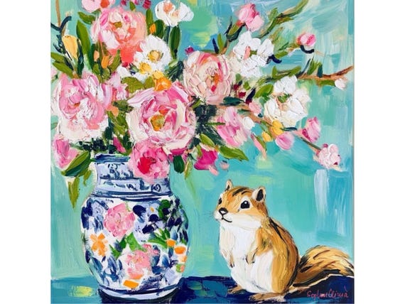 grandmillennial art, Chipmunk and peonies in ginger jar, whimsical still life