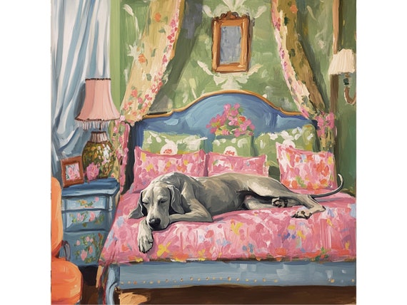 Grandmillennial art, Great Dane dog in French bedroom, whimsical painting
