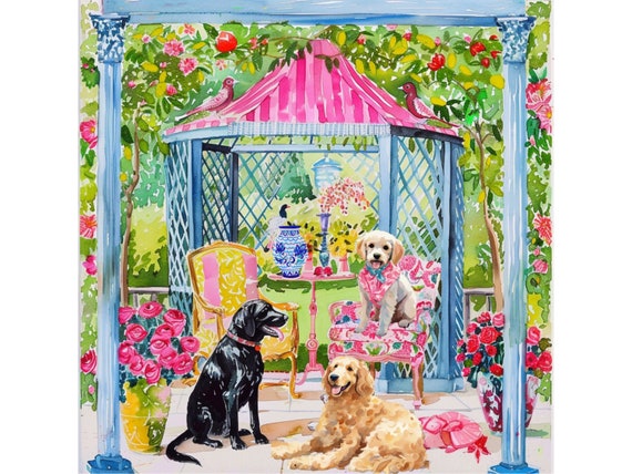 Grandmillennial art, Summer time, whimsical watercolor painting