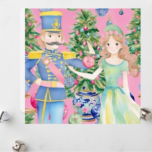 Ilustración Tarjeta de Navidad: Cascanueces y Clara decorando el árbol de Navidad