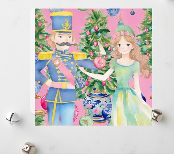 Illustration Christmas card: Nutcracker and Clara decorating Christmas tree