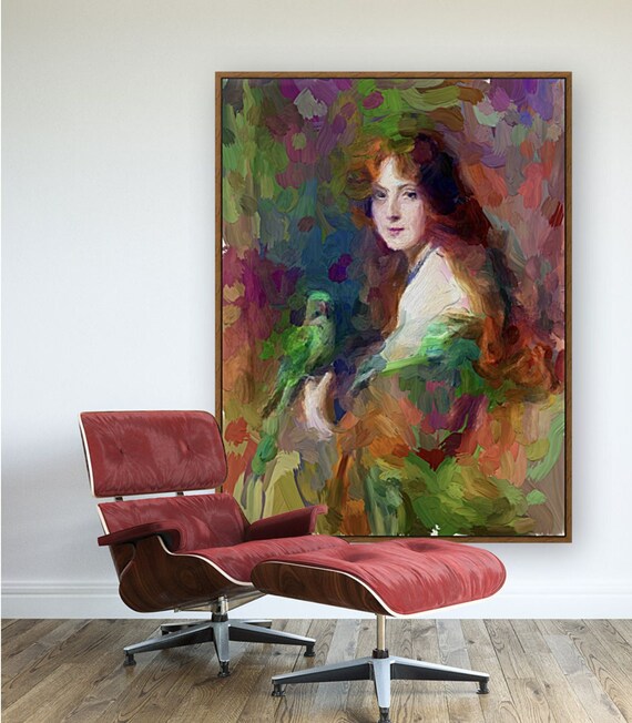 A lady with green parrot