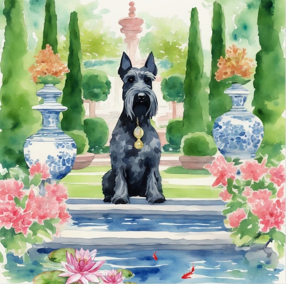 Grandmillennial art, Preppy whimsical watercolor, Giant Schnauzer in chinoiserie garden