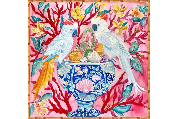 Chinoiserie Parrots Watercolor Art Print - Grandmillennial Decor