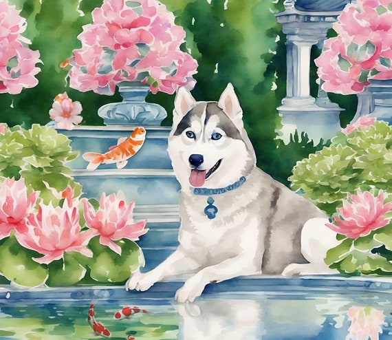 Grandmillennial art, Preppy whimsical watercolor, Husky and a flying fish in chinoiserie garden