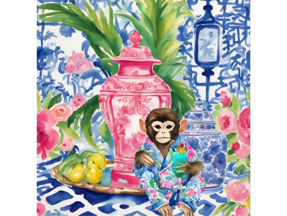 Chinoiserie monkey drinking cocktail in blue, white and red interior, whimsical watercolor