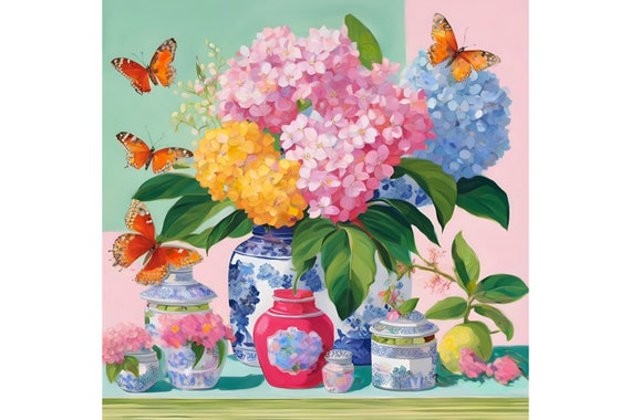 Ginger jar and hydrangea art, grandmillennial art
