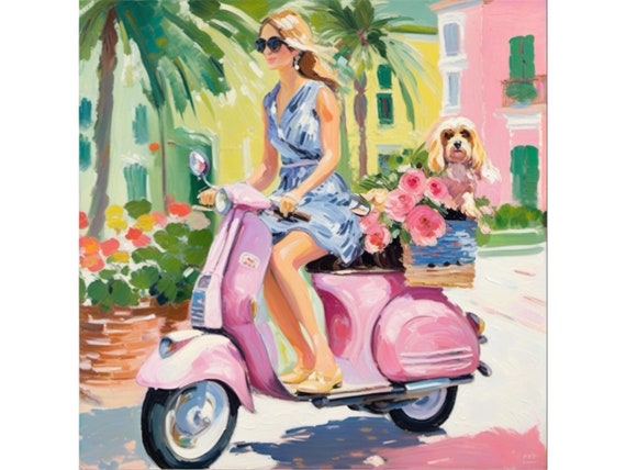Palm Beach Art Print: Girly Pink Scooter, Dog & Flowers