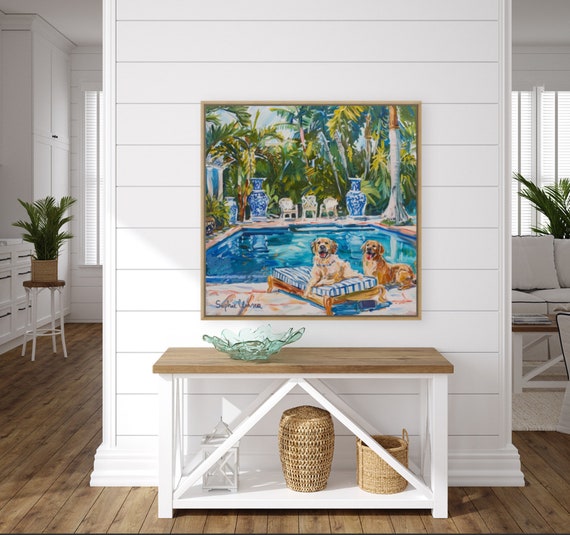 Grandmillennial art, Golden Retrievers at the swimming pool, whimsical painting