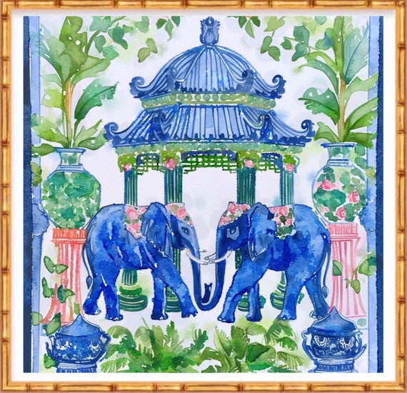 Blue elephants in pagoda garden, whimsical chinoiserie painting
