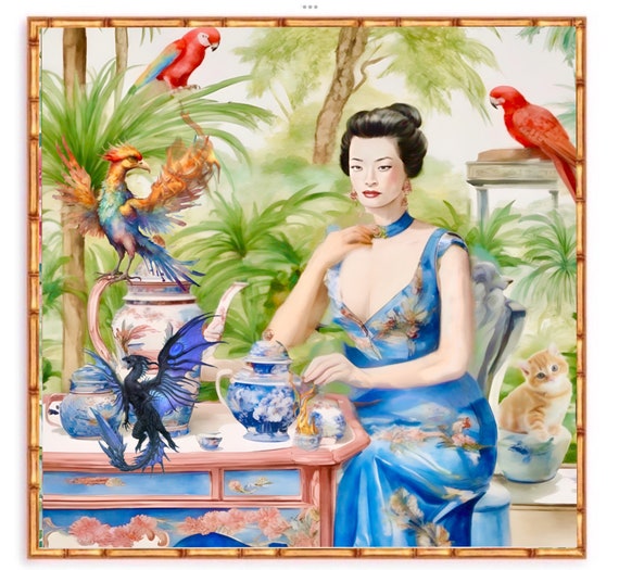 Chinoiserie art, Tea with the burning Fenix, chinoiserie panel