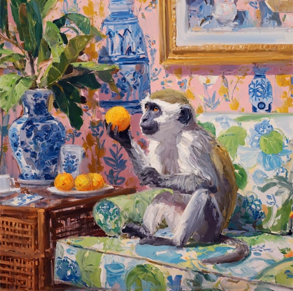 Grandmillennial art, Monkey with oranges, whimsical Flirida art