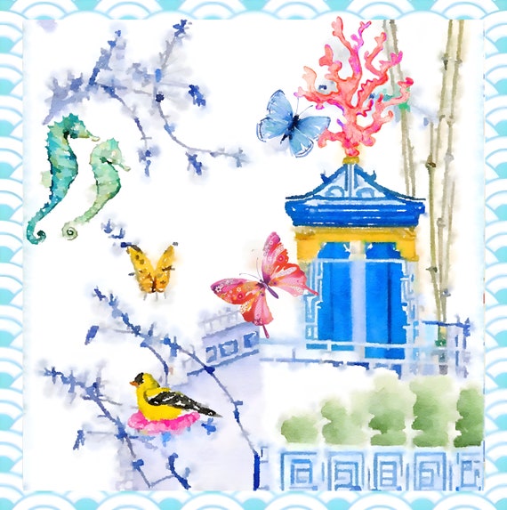 Grandmillennial art, Seahorses and canary bird in fantasy chinoiserie landscape, printable file, trendy wall, gallery wall art