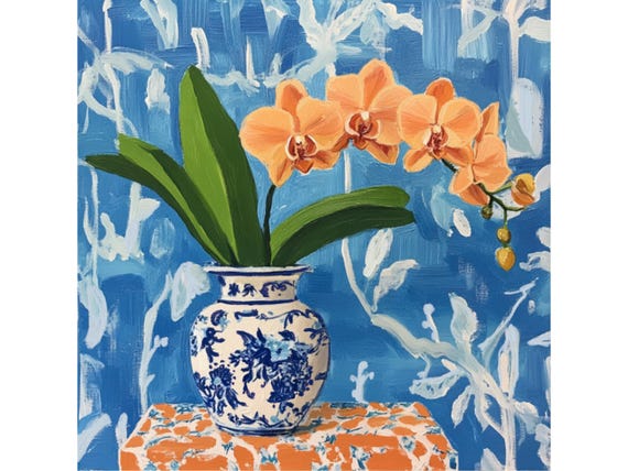 Orange Orchids in ginger jar, grandmillennial art, still life oil painting