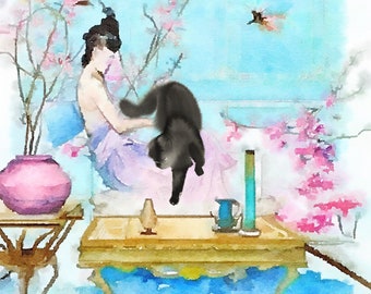 Chinoiserie art, Girl with a jumping cat. Giclee art print