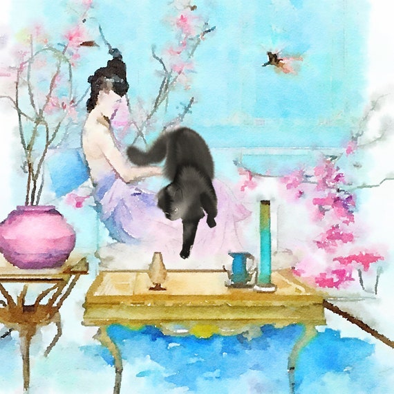 Chinoiserie art, Girl with a jumping cat. Giclee art print