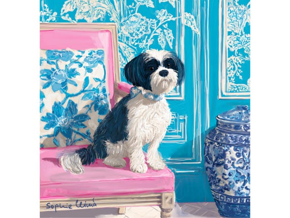 Grandmillennial art, Fluffy terrier in preppy turquoise chinoiserie interior, whimsical dog art