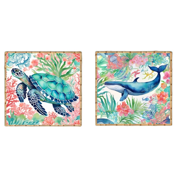 Turtle and Whale Art Prints: Grandmillennial Coral Reef Set
