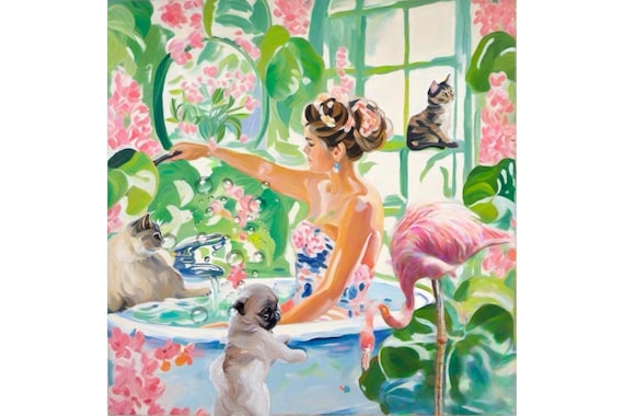 Grandmillennial art, Bubble bath with pink flamingo, preppy painting