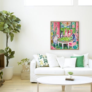 May include: A painting of four dogs playing cards at a table in a pink and green room. The dogs are wearing colorful clothes and are sitting around a table with a green felt top. The painting is done in a loose, expressive style.