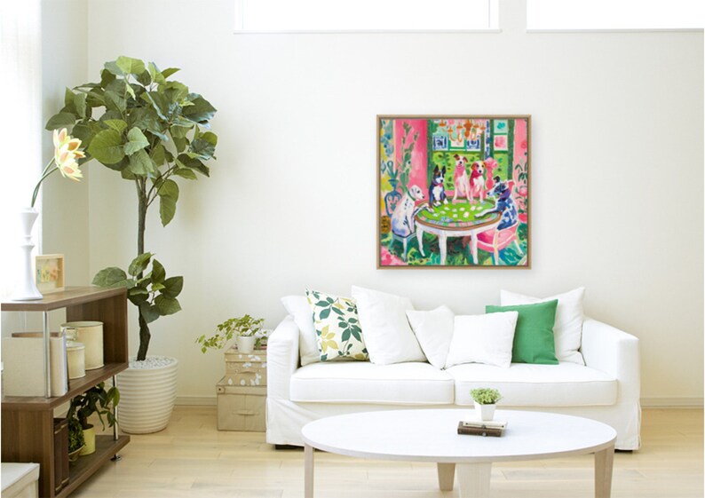 May include: A painting of four dogs playing cards at a table in a pink and green room. The dogs are wearing colorful clothes and are sitting around a table with a green felt top. The painting is done in a loose, expressive style.