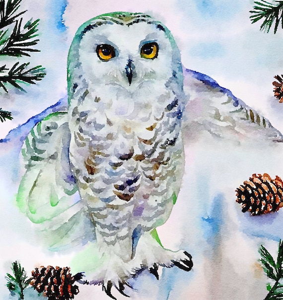 Original Watercolor Arctic Owl Painting, Nursery Art
