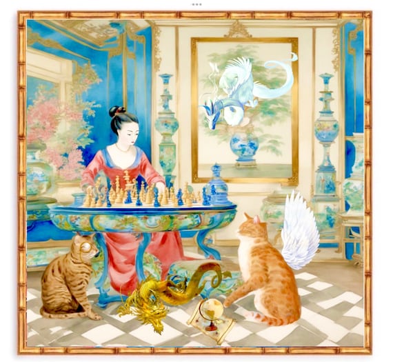 Chinoiserie art, A game of chess, watercolor