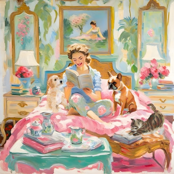 Grandmillennial art, Sunday morning, preppy painting