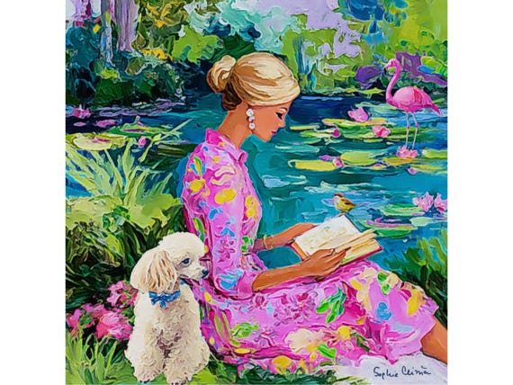 Preppy Girl Reading by Lily Pond | Grandmillennial art,  Palm Beach Style with Flamingo & Poodle