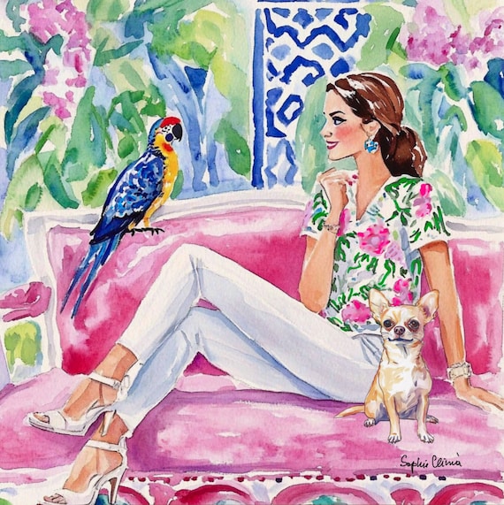 Grandmillennial art, Conversation, whimsical watercolor and pen sketch