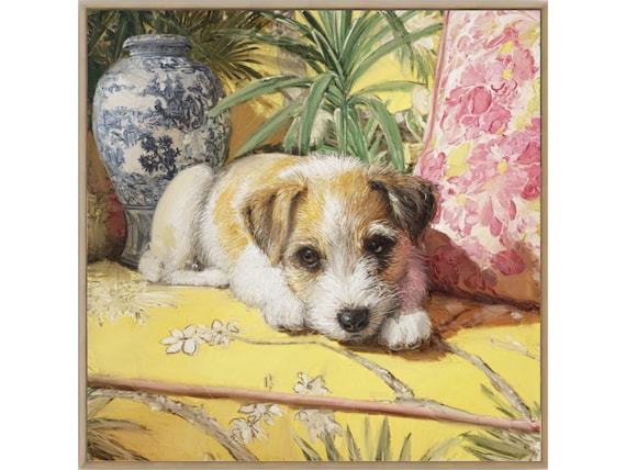 Terrier in yellow Palm Beach interior: Grandmillennial Chinoiserie Dog Portrait
