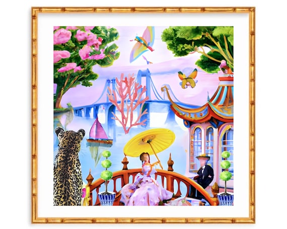 Chinoiserie Cheetah Art Print: Preppy Watercolor Scene