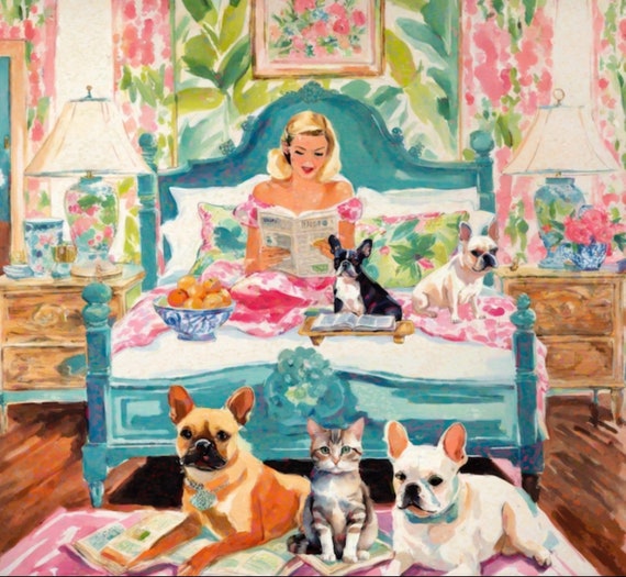 Grandmillennial art, Pretty and Smart, whimsical dogs art