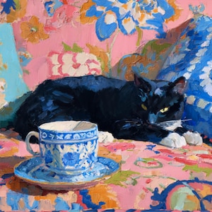 May include: A black cat with white paws rests on a floral patterned surface next to a blue and white teacup and saucer. The background features a pink floral design and blue accents, creating a colorful, artistic composition.