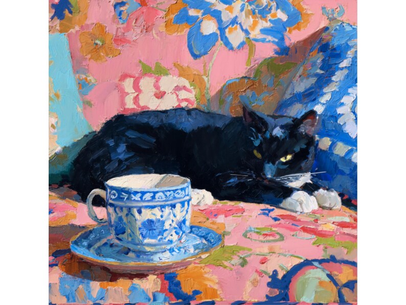 May include: A black cat with white paws rests on a floral patterned surface next to a blue and white teacup and saucer. The background features a pink floral design and blue accents, creating a colorful, artistic composition.