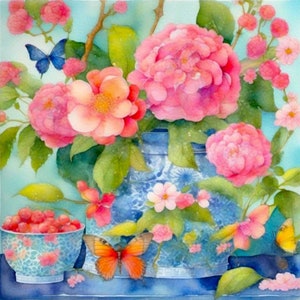 Large original painting, flowers, butterflies and ginger jars. Original watercolor painting, 60x60 cm.