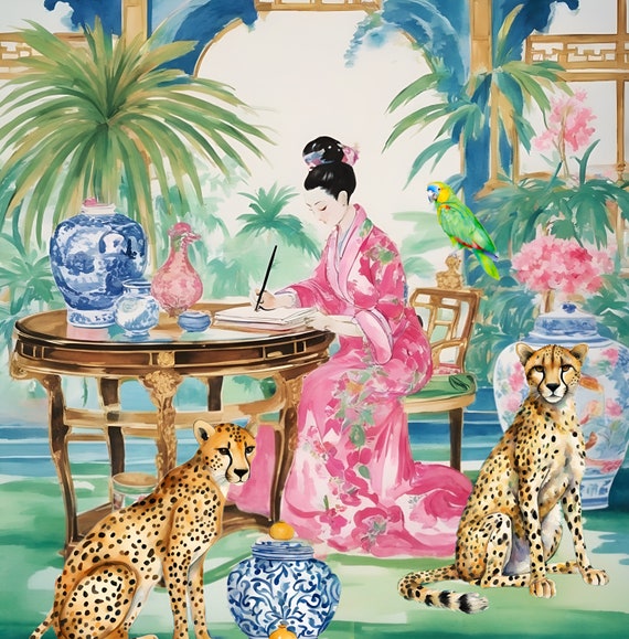 Grandmillennial art, The Writer’s Den, whimsical chinoiserie giclee print
