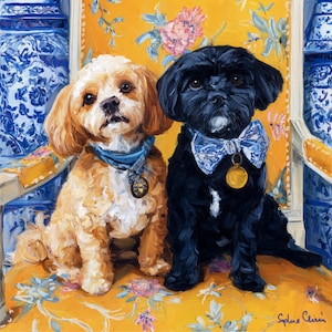 May include: An oil painting of two dogs sitting on a yellow floral patterned chair. One dog is tan and white, wearing a blue collar and a gold medallion. The other dog is black, wearing a blue bow tie and a gold medallion. The background includes blue and white decorative elements.