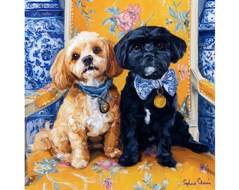 May include: An oil painting depicting two dogs seated on a yellow floral patterned chair. One dog is tan and white, wearing a blue collar and a gold medallion. The other dog is black, wearing a blue bow tie and a gold medallion. The background features blue and white decorative elements.